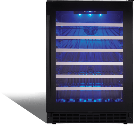 Danby 24 Inch Single Zone Wine Cellar with Blue LED Lighting, Alarm System, 48 Bottle Capacity, Black Wire Shelves and Stainless Steel Shelves