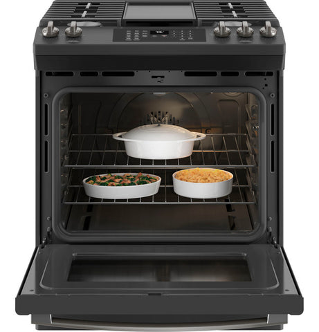Range of model JGS760FPDS. Image # 5: GE® 30" Slide-In Front-Control Convection Gas Range with No Preheat Air Fry