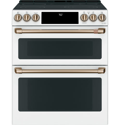 Range of model CES750P4MW2. Image # 1: GE Café™ 30" Smart Slide-In, Front-Control, Radiant and Convection Double-Oven Range
