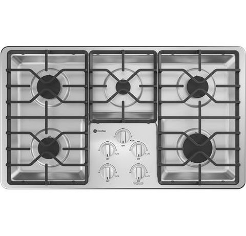 Cooktop of model PGP6036STSS. Image # 1: GE Profile™ 36" Built-In Gas Cooktop with Dishwasher-Safe Grates