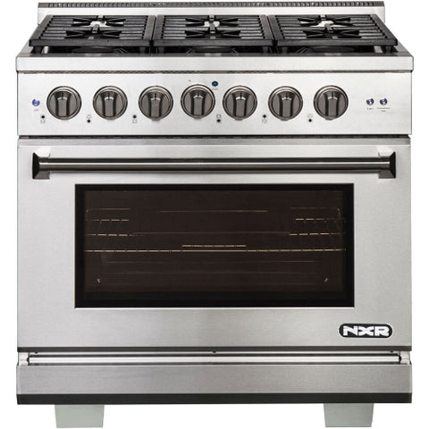 Range of model AKD3605. Image # 1: NXR 36-IN. CULINARY SERIES PROFESSIONAL STYLE GAS AND ELECTRIC DUAL FUEL RANGE, STAINLESS STEEL