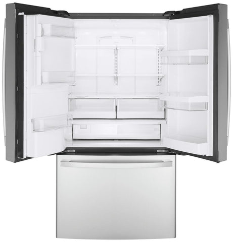 Refrigerator of model GYE22GYNFS. Image # 2: GE® ENERGY STAR® 22.1 Cu. Ft. Counter-Depth Fingerprint Resistant French-Door Refrigerator