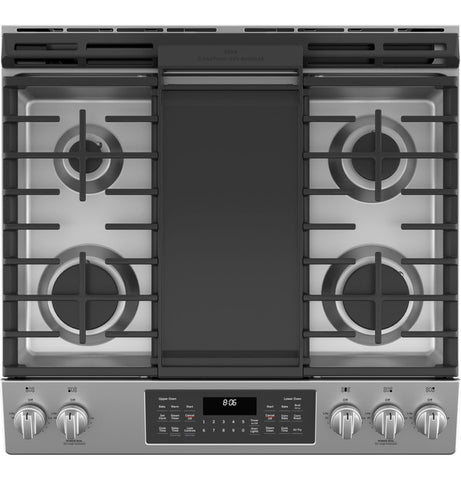 Range of model JGSS86SPSS. Image # 5: GE® 30" Slide-In Front Control Gas Double Oven Range