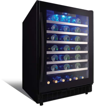 Refrigerator of model SSWC056D1B_S. Image # 2: Danby 24 Inch Single Zone Wine Cellar with Blue LED Lighting, Alarm System, 48 Bottle Capacity, Black Wire Shelves and Stainless Steel Shelves
